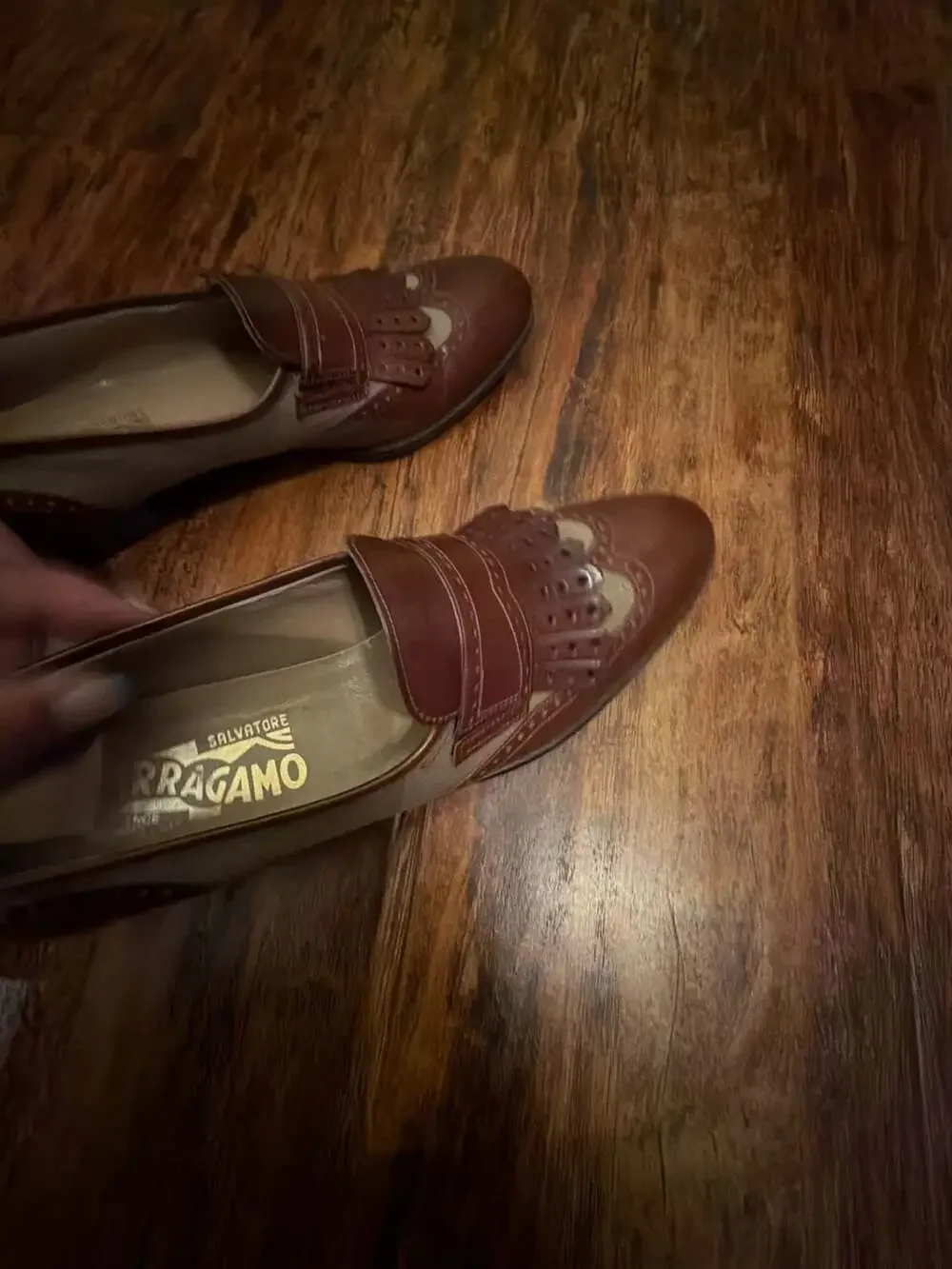 Salvatore Ferragamo Brown Leather and Canvas Kiltie Wingtip Loafers